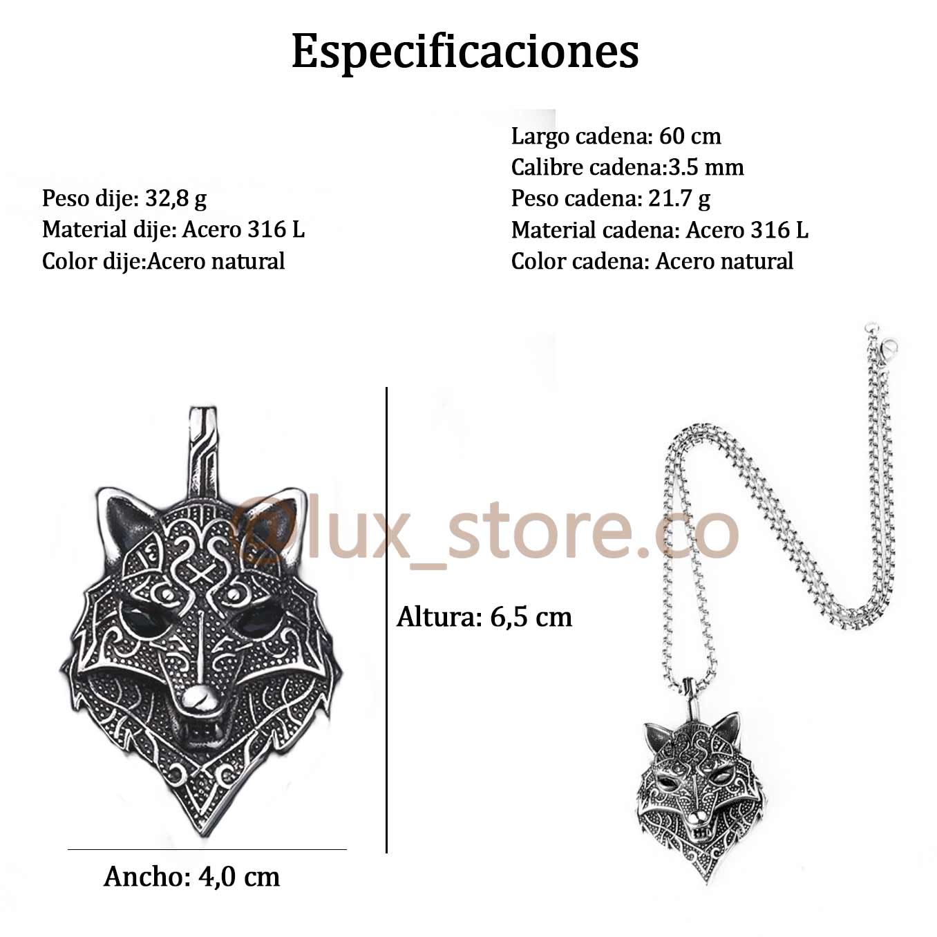 Collar Acero Inoxidable 316L Lobo Vikingo Escandinavo Noruego Vargr - Lux Store
