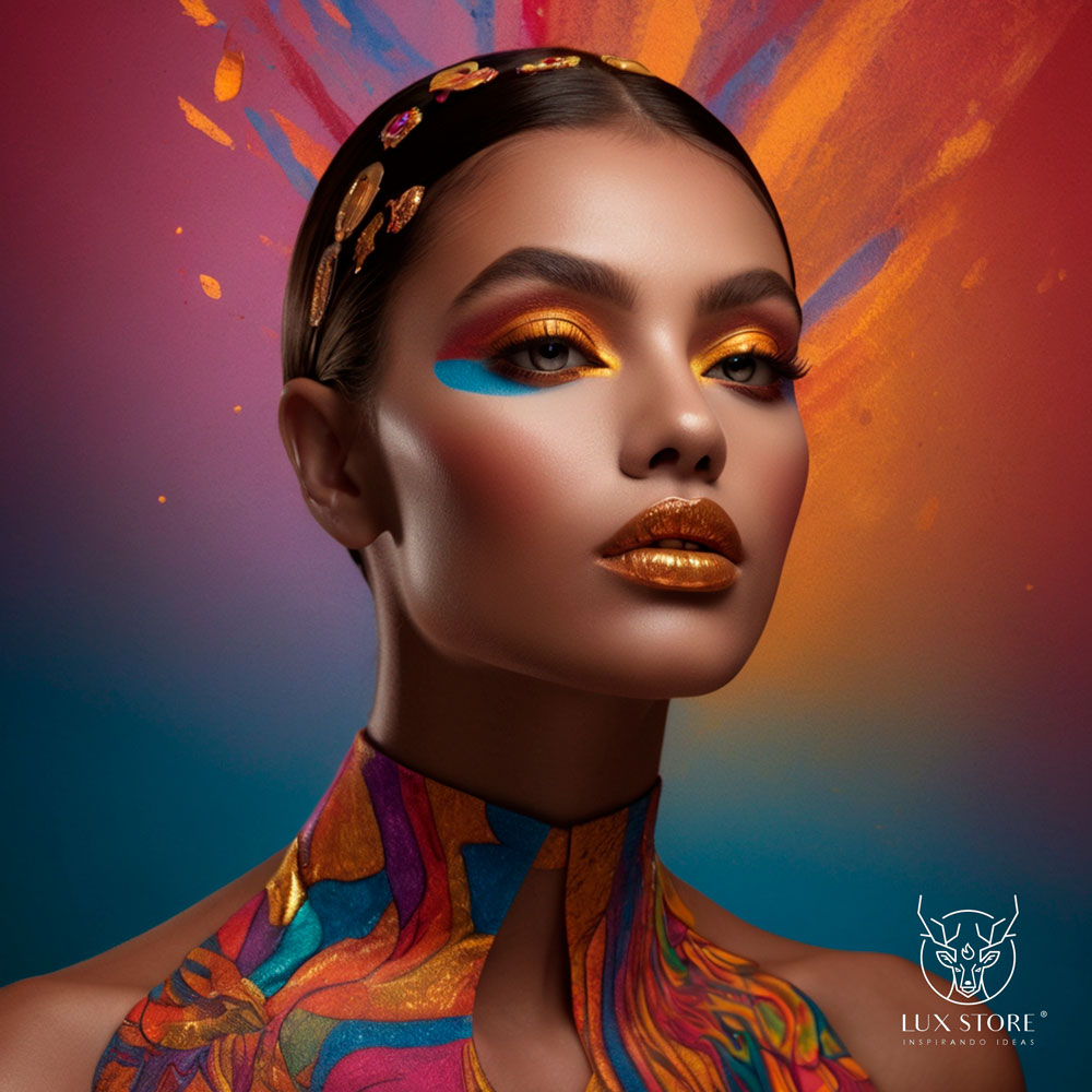 Imagen de una modelo femenina con maquillaje vibrante y colorido. Su rostro está decorado con una mezcla artística de sombras de ojos en tonos dorados, azules y rojos, junto con un labial metálico dorado. 