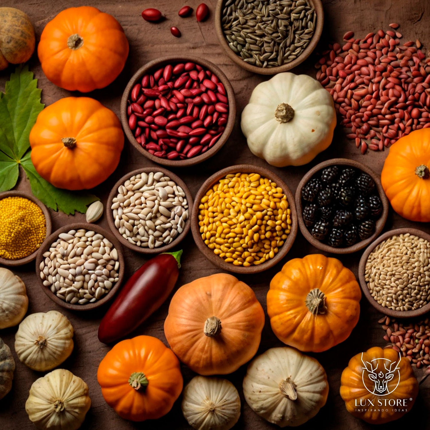 Variedad de semillas de vegetales frescos y coloridos dispuestos sobre una superficie azul, incluyendo calabazas, pimientos, tomates.