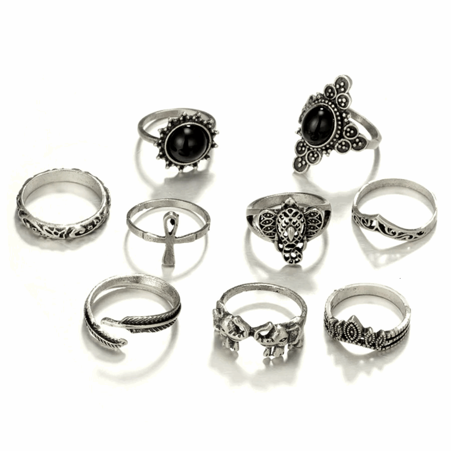 Set Anillos Midi Rings Vintage Mujer Talla Única Siyah - Lux Store