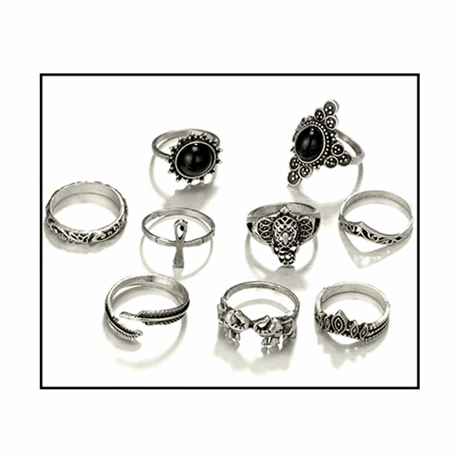 Set Anillos Midi Rings Vintage Mujer Talla Única Siyah - Lux Store
