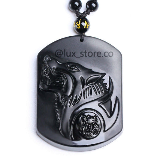 Collar Lobo Tallado Obsidiana Negra Vikingo Escandinavo Sueco Úlfr - Lux Store