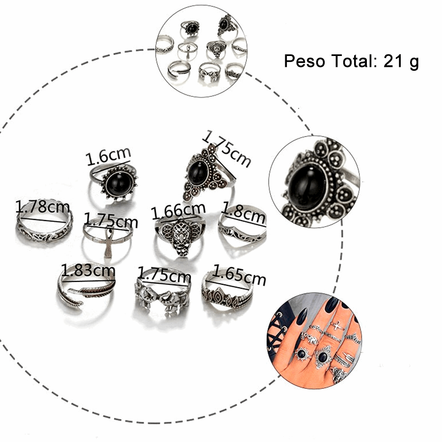 Set Anillos Midi Rings Vintage Mujer Talla Única Siyah - Lux Store