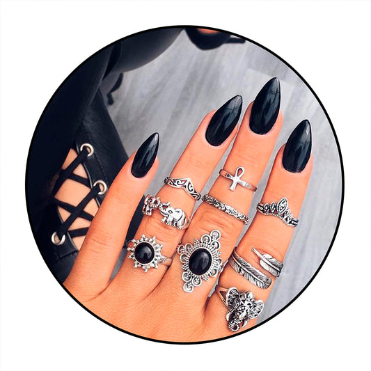 Set Anillos Midi Rings Vintage Mujer Talla Única Siyah - Lux Store
